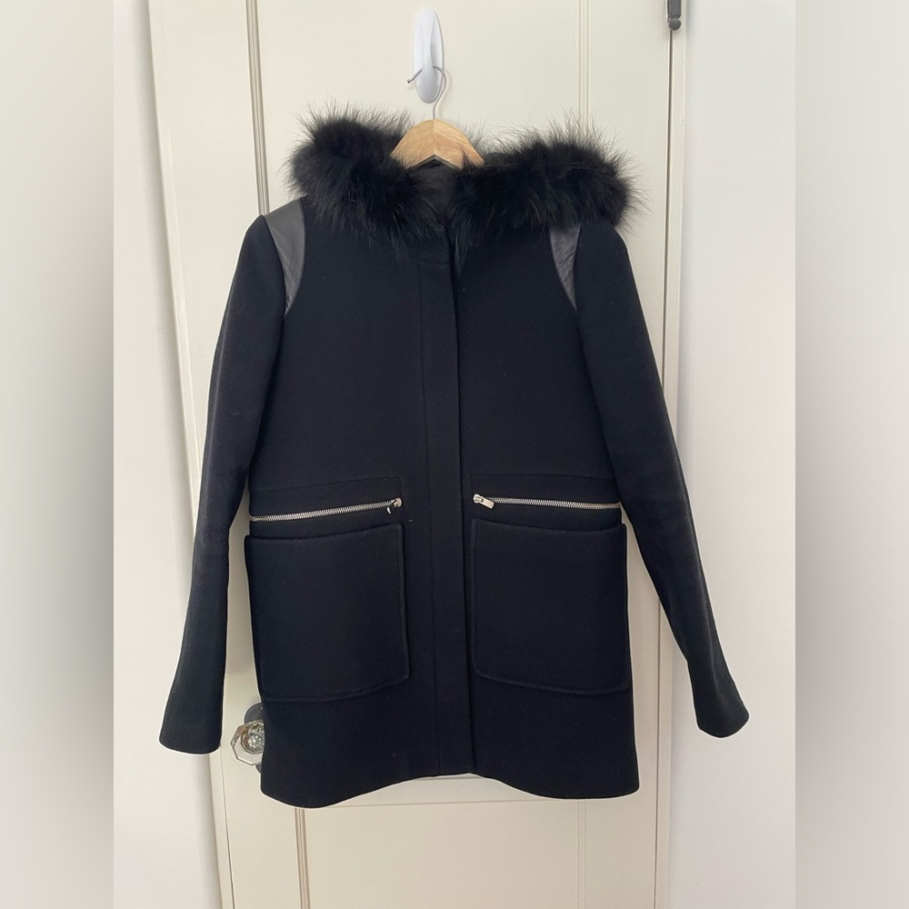 Maje Black Coat with Fur Trim